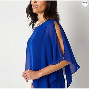 MSK Embellished Rhinestone Cape Sleeve Sheath Dress Goddess Blue Size Large